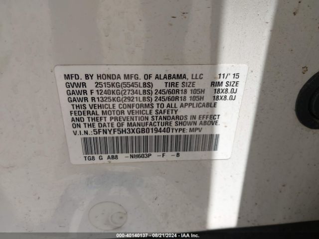 5FNYF5H3XGB019440 Honda Pilot Ex