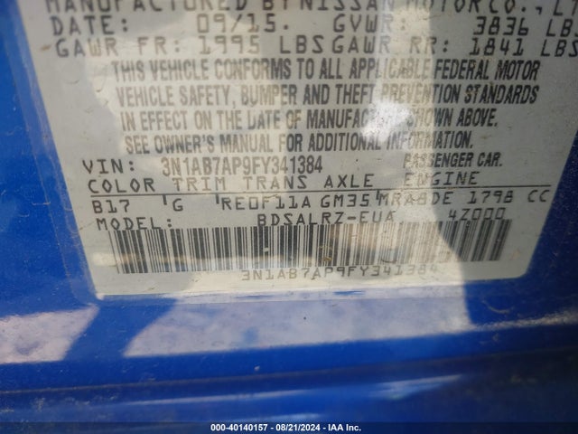 Nissan SENTRA SR 2015 3N1AB7AP9FY341384 Image 9