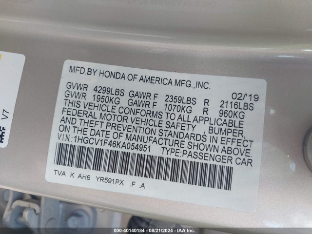 Honda ACCORD EX 2019 1HGCV1F46KA054951 Image 9