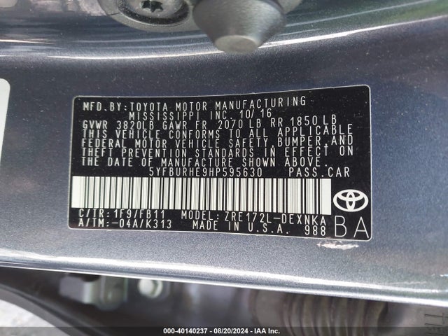 Toyota COROLLA LE 2017 5YFBURHE9HP595630 Image 9
