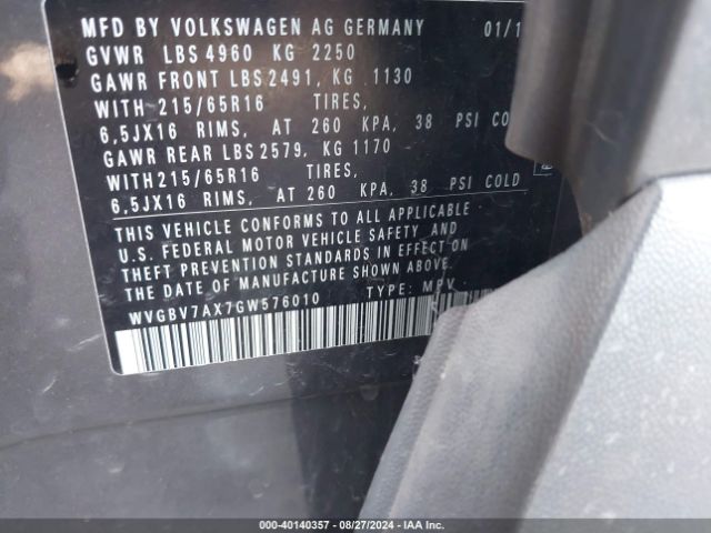 WVGBV7AX7GW576010 Volkswagen TIGUAN S