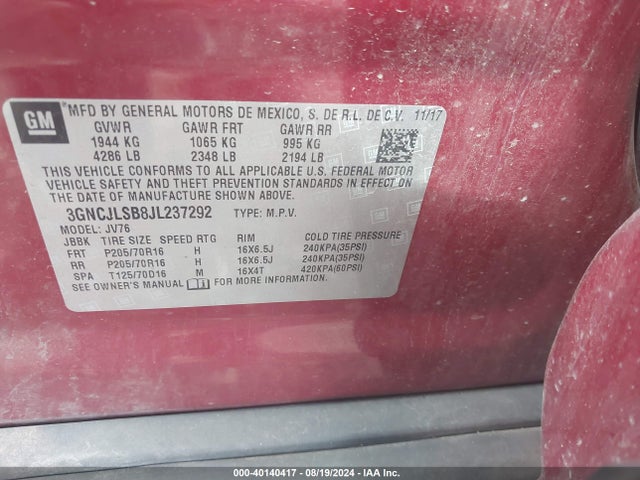 Chevrolet Trax Lt 2018 3GNCJLSB8JL237292 Image 9