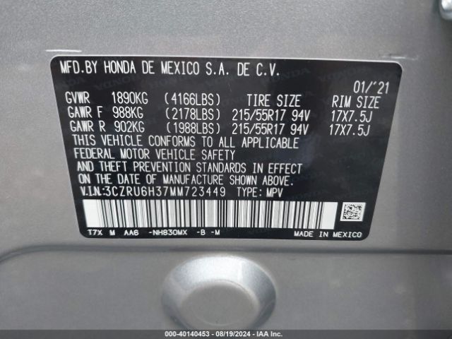 3CZRU6H37MM723449 Honda Hr-v Awd Lx