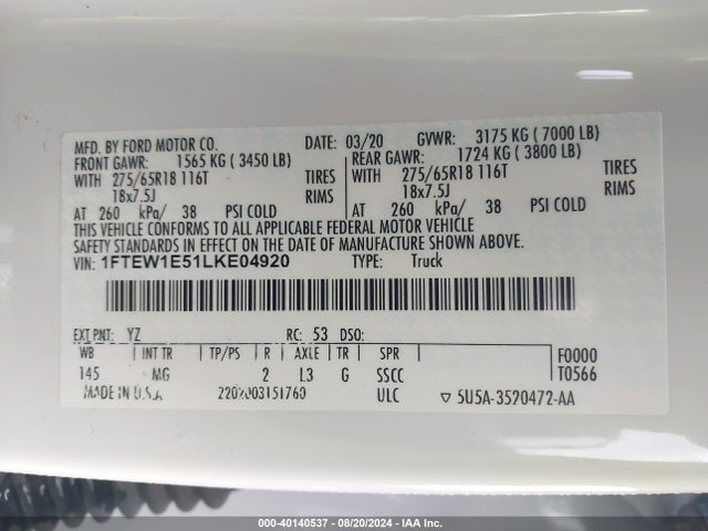 Ford F-150 Xlt 2020 1FTEW1E51LKE04920 Image 9