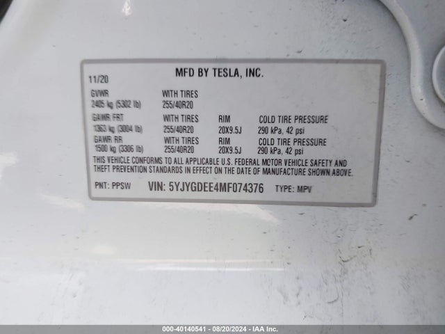 2021 TESLA MODEL Y 5YJYGDEE4MF074376 Photo 8