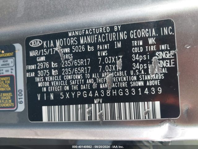 5XYPG4A38HG331439 KIA Sorento 2.4l L