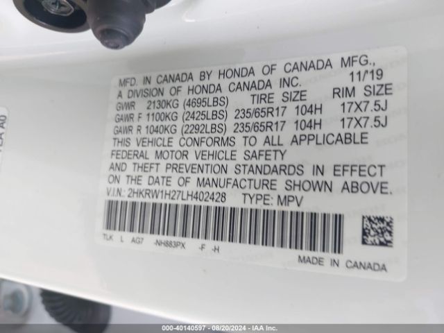 2HKRW1H27LH402428 Honda Cr-v 2wd Lx