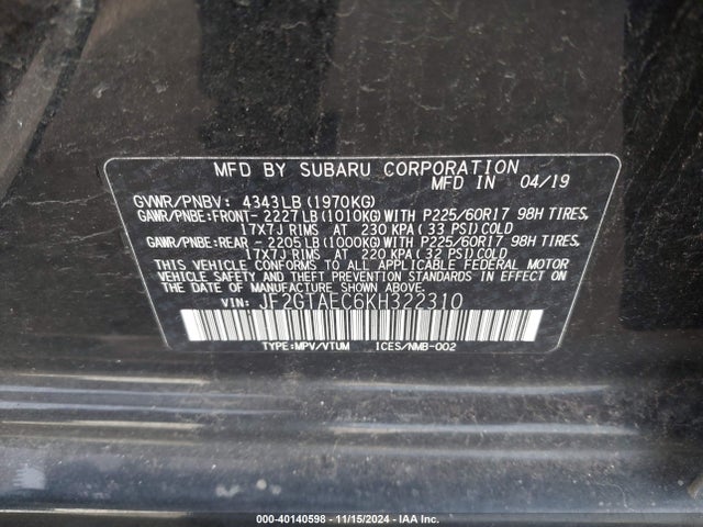 Subaru Crosstrek 2.0i Premium 2019 JF2GTAEC6KH322310 Image 9