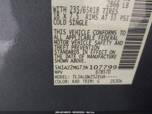 Nissan MURANO SV 2018 5N1AZ2MG7JN107799 Image 9