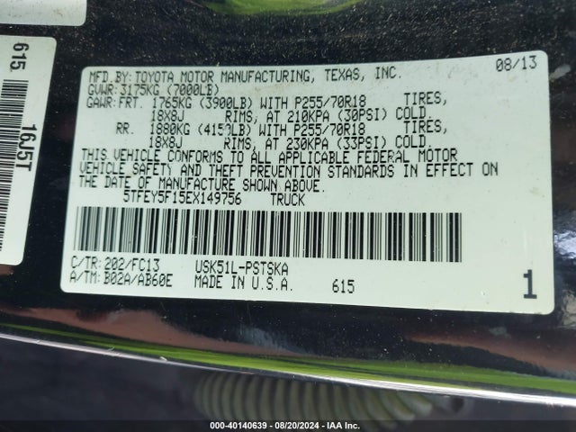 5TFEY5F15EX149756 Toyota Tundra Sr5 5.7l V8