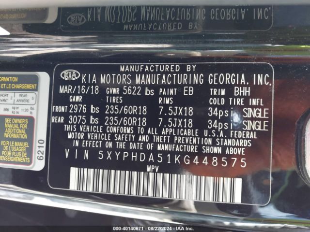 5XYPHDA51KG448575 KIA Sorento 3.3l Ex