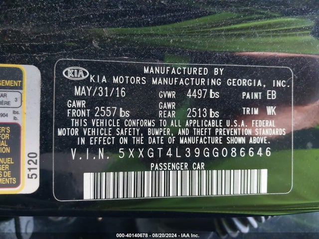 2016 Kia Optima Lx მანქანა იყიდება აუქციონზე, vin: 5XXGT4L39GG086646, აუქციონის ნომერი: 40140678