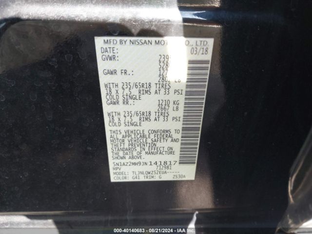 5N1AZ2MH9JN141817 Nissan MURANO SV