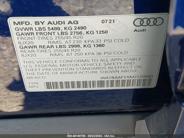 WA1BAAFYXM2129540 Audi Q5 Premium Plus 45 Tfsi Quattro S Tronic