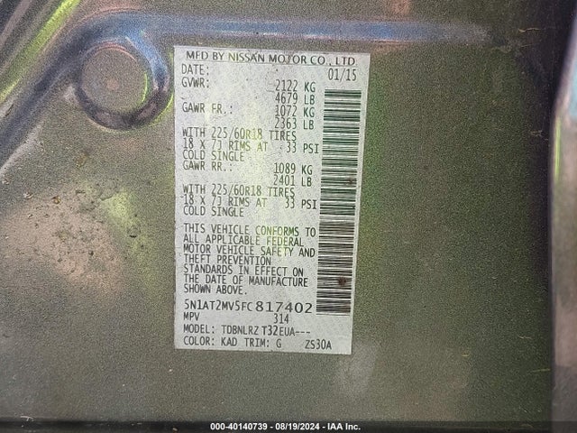 Nissan Rogue Sl 2015 5N1AT2MV5FC817402 Image 9