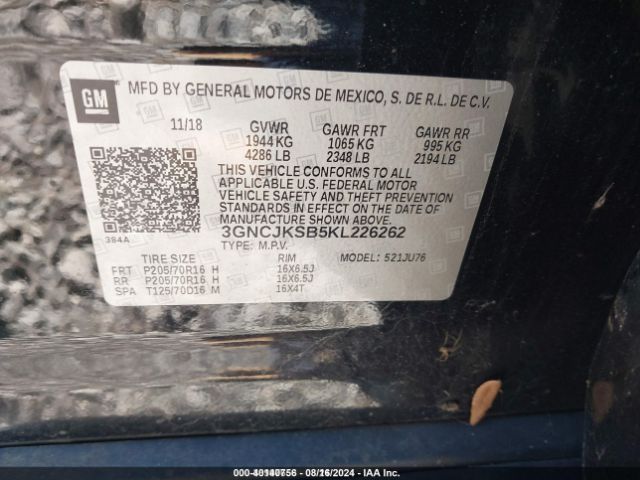 3GNCJKSB5KL226262 Chevrolet TRAX LS