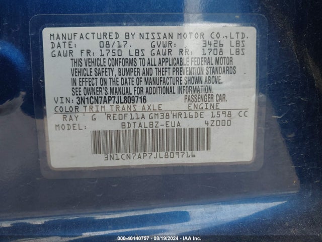 Nissan Versa 1.6 Sv 2018 3N1CN7AP7JL809716 Image 9