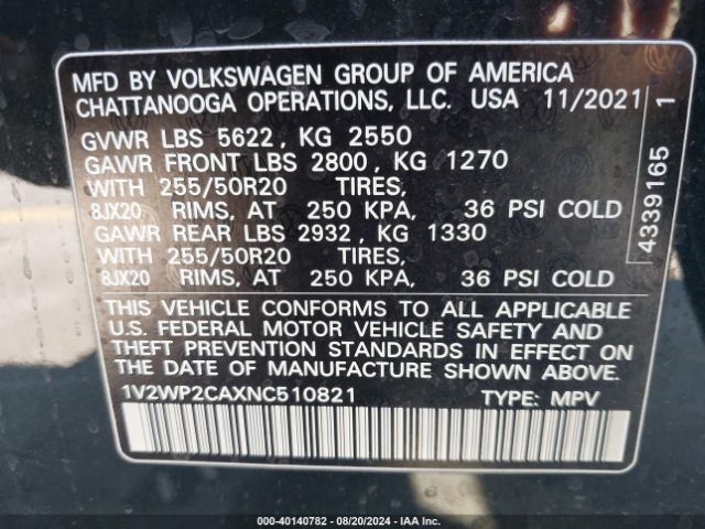 1V2WP2CAXNC510821 Volkswagen Atlas 2.0t Se W/technology