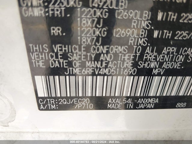 JTME6RFV4MD511690 Toyota Rav4 Hybrid Xse