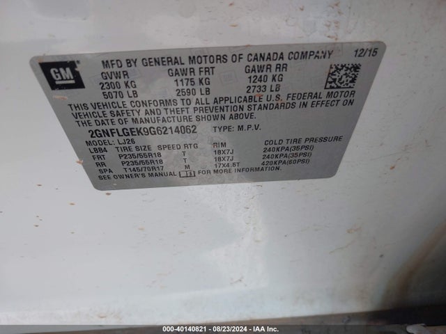 Chevrolet Equinox Ltz 2016 2GNFLGEK9G6214062 Image 9