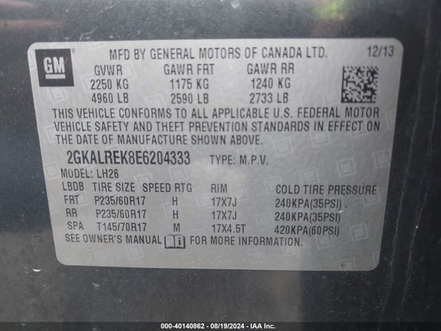 GMC Terrain Sle-2 2014 2GKALREK8E6204333 Image 9
