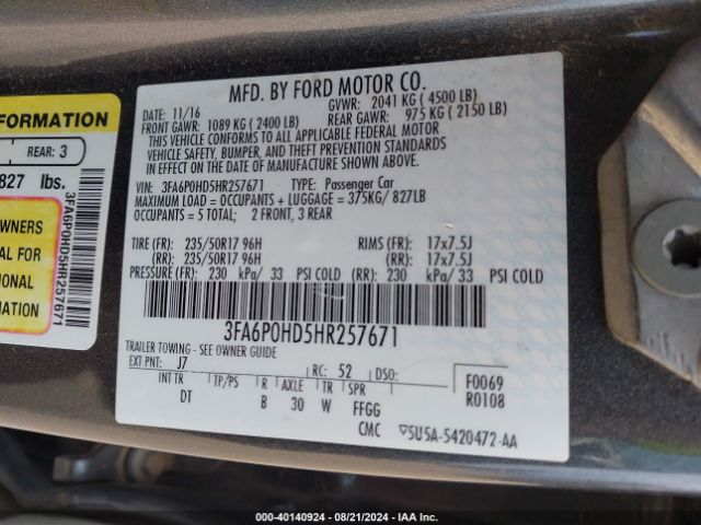 3FA6P0HD5HR257671 Ford FUSION SE