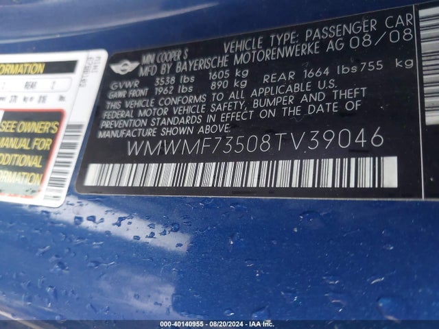2008 MINI COOPER S WMWMF73508TV39046 Photo 8
