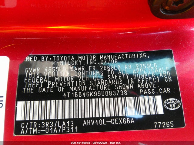 2009 Toyota Camry Hybrid მანქანა იყიდება აუქციონზე, vin: 4T1BB46K99U083738, აუქციონის ნომერი: 40140978