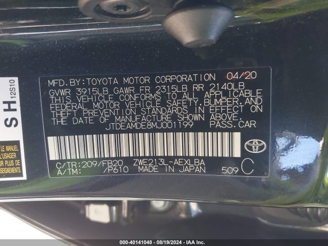 Toyota Corolla Hybrid Le 2021 JTDEAMDE8MJ001199 Image 9