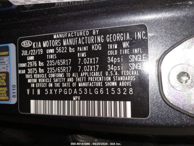 5XYPGDA53LG615328 KIA Sorento 3.3l Lx