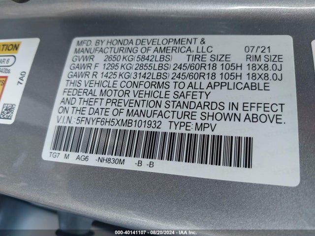 Honda Pilot Awd Ex-l 2021 5FNYF6H5XMB101932 Image 9