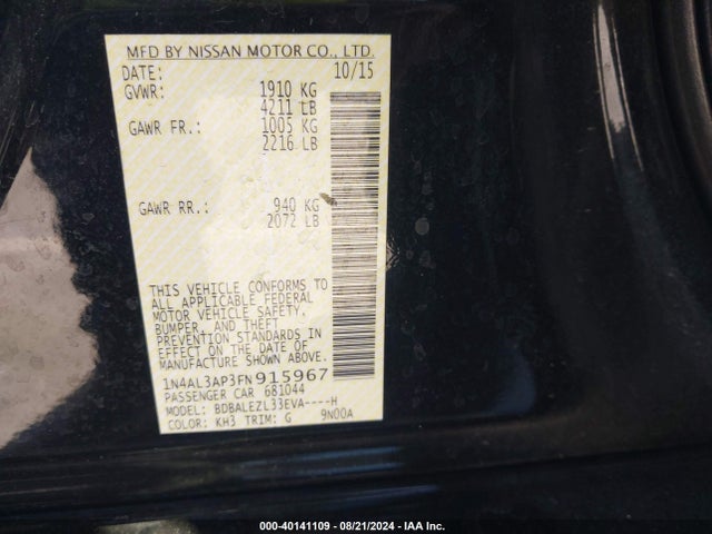 Nissan Altima 2.5 S 2015 1N4AL3AP3FN915967 Image 9