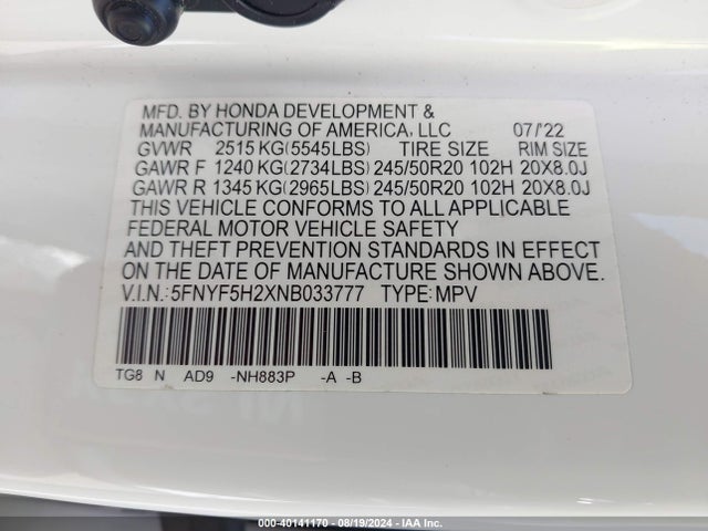 Honda Pilot 2wd Special Edition 2022 5FNYF5H2XNB033777 Image 9