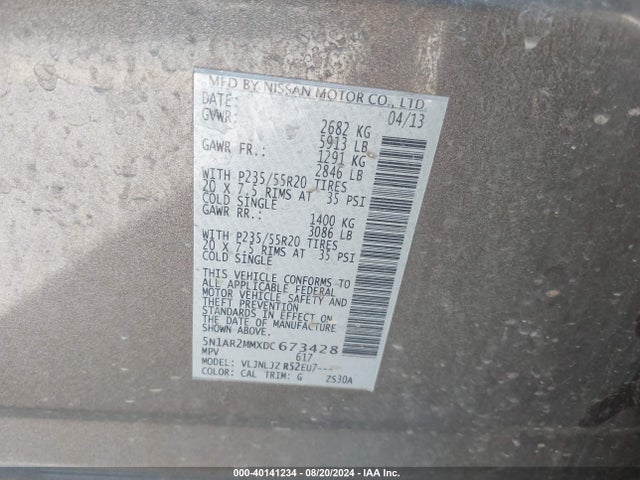 40141234 :رقم المزاد ، 5N1AR2MMXDC673428 vin ، 2013 Nissan Pathfinder Platinum مزاد بيع