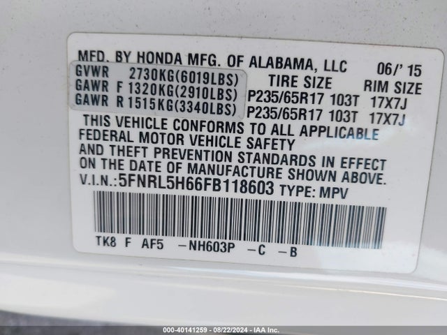 Honda Odyssey Ex-l 2015 5FNRL5H66FB118603 Image 9