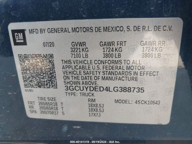 3GCUYDED4LG388735 Chevrolet Silverado 1500 4wd  Short Bed Lt