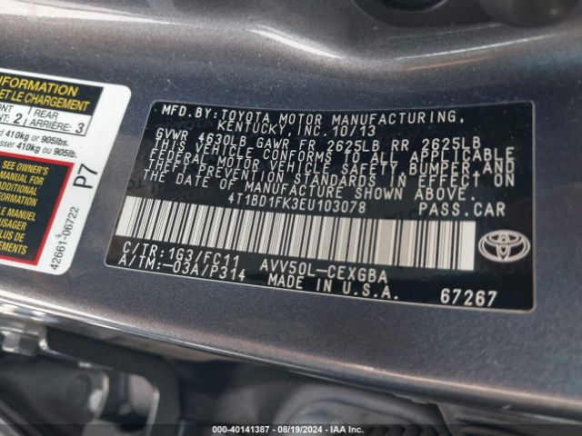 4T1BD1FK3EU103078 Toyota Camry Hybrid Xle