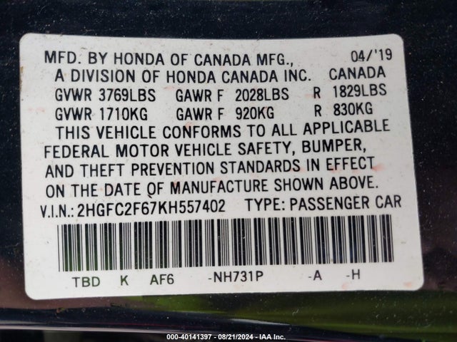 Honda Civic Lx 2019 2HGFC2F67KH557402 Image 9