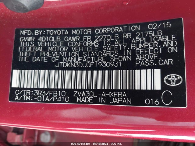 Toyota Prius Two 2015 JTDKN3DU0F1930931 Image 9