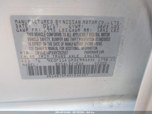 Nissan SENTRA SV 2017 3N1AB7APXHY252507 Image 9