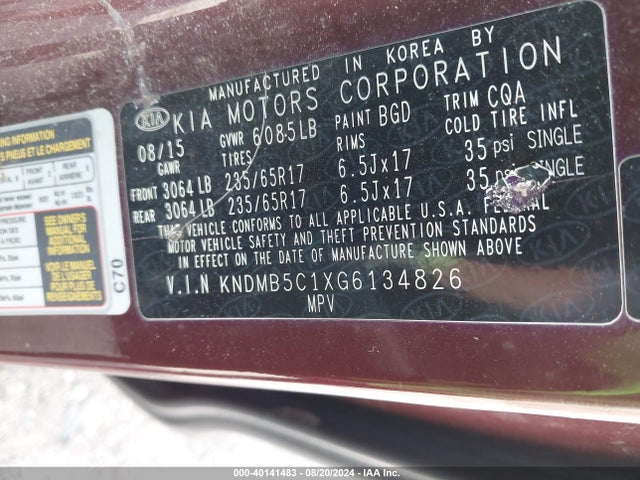 KIA SEDONA LX 2016 KNDMB5C1XG6134826 Image 9