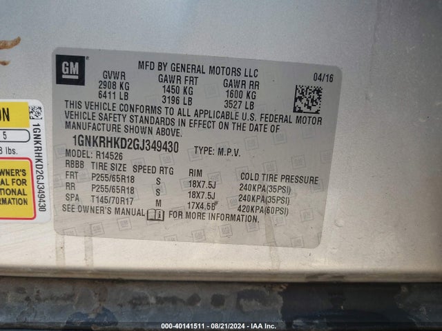 Chevrolet Traverse 2lt 2016 1GNKRHKD2GJ349430 Image 9