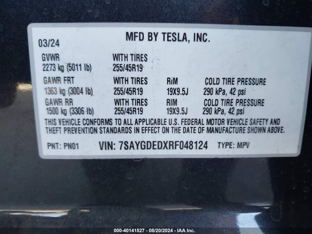 Tesla Model Y Long Range/rwd 2024 7SAYGDEDXRF048124 Image 9
