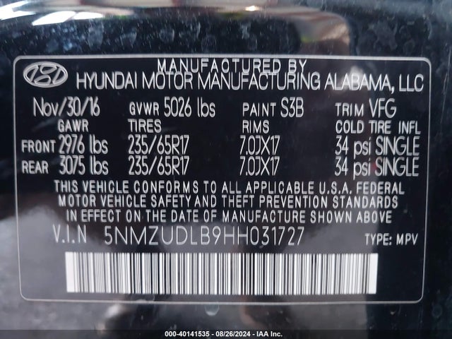 5NMZUDLB9HH031727 Hyundai Santa Fe Sport 2.4l