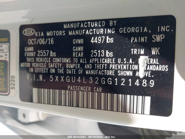 KIA OPTIMA EX 2016 5XXGU4L32GG121489 Image 9