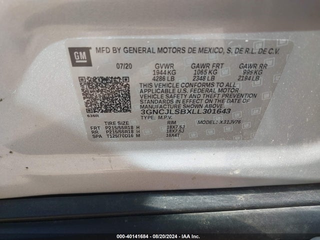 Chevrolet Trax Fwd Lt 2020 3GNCJLSBXLL301643 Image 9