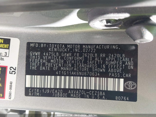 Toyota CAMRY SE 2022 4T1G11AK6NU670634 Image 9