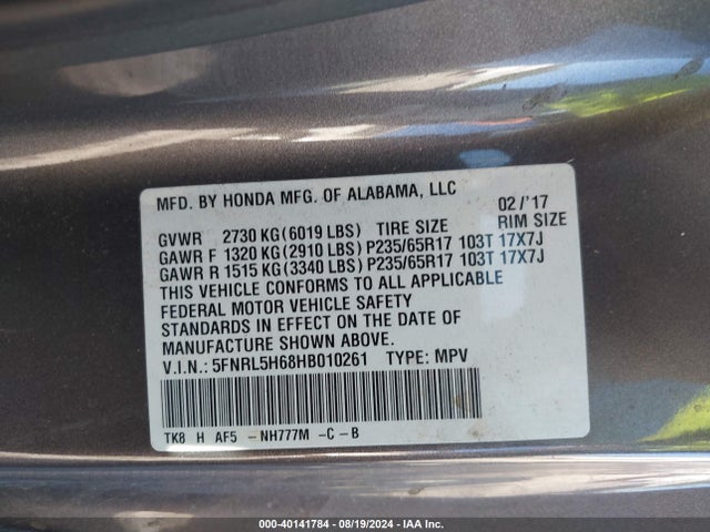 Honda Odyssey Ex-l 2017 5FNRL5H68HB010261 Image 9