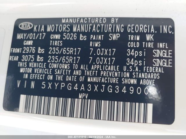 5XYPG4A3XJG349009 KIA Sorento 2.4l Lx
