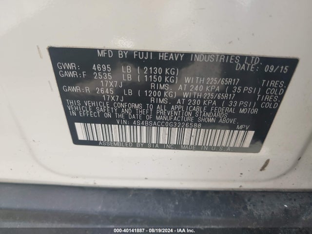Subaru Outback 2.5i Premium 2016 4S4BSACC0G3226588 Image 9